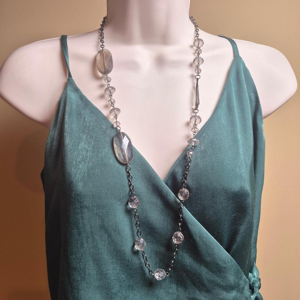 Smoky Grey Faceted Glass Bead Station Necklace Gunmetal Tone Long Chain 34"